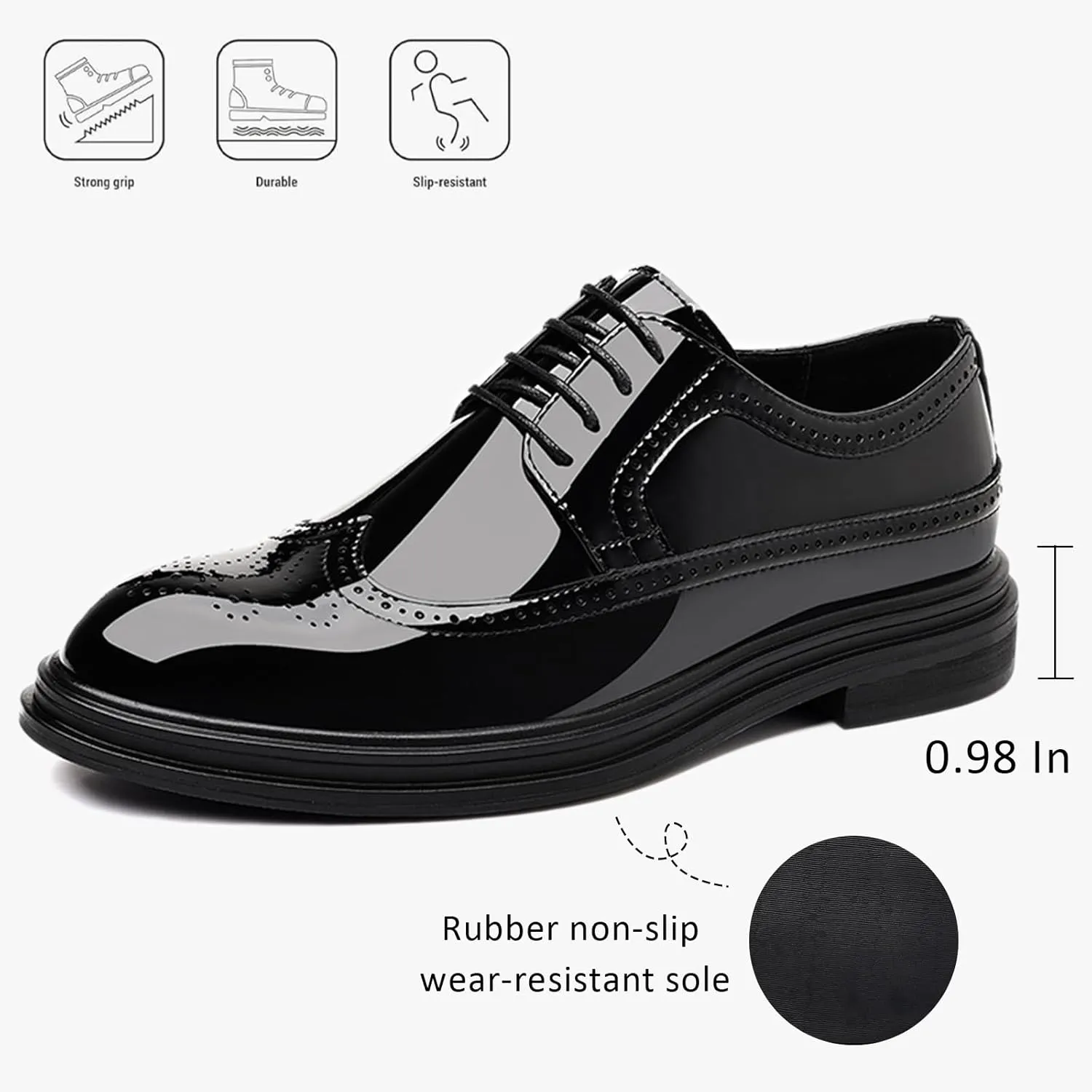 Men's Patent Leather Wingtip Brogue Lace-up Oxford Shoes Classic Pointed Toe Retro Carving Low Chunky Heel Derby Shoes Wedding Business Formal Party Dress Shoes
