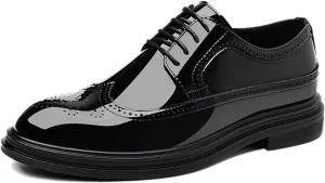 Men's Patent Leather Wingtip Brogue Lace-up Oxford Shoes Classic Pointed Toe Retro Carving Low Chunky Heel Derby Shoes Wedding Business Formal Party Dress Shoes
