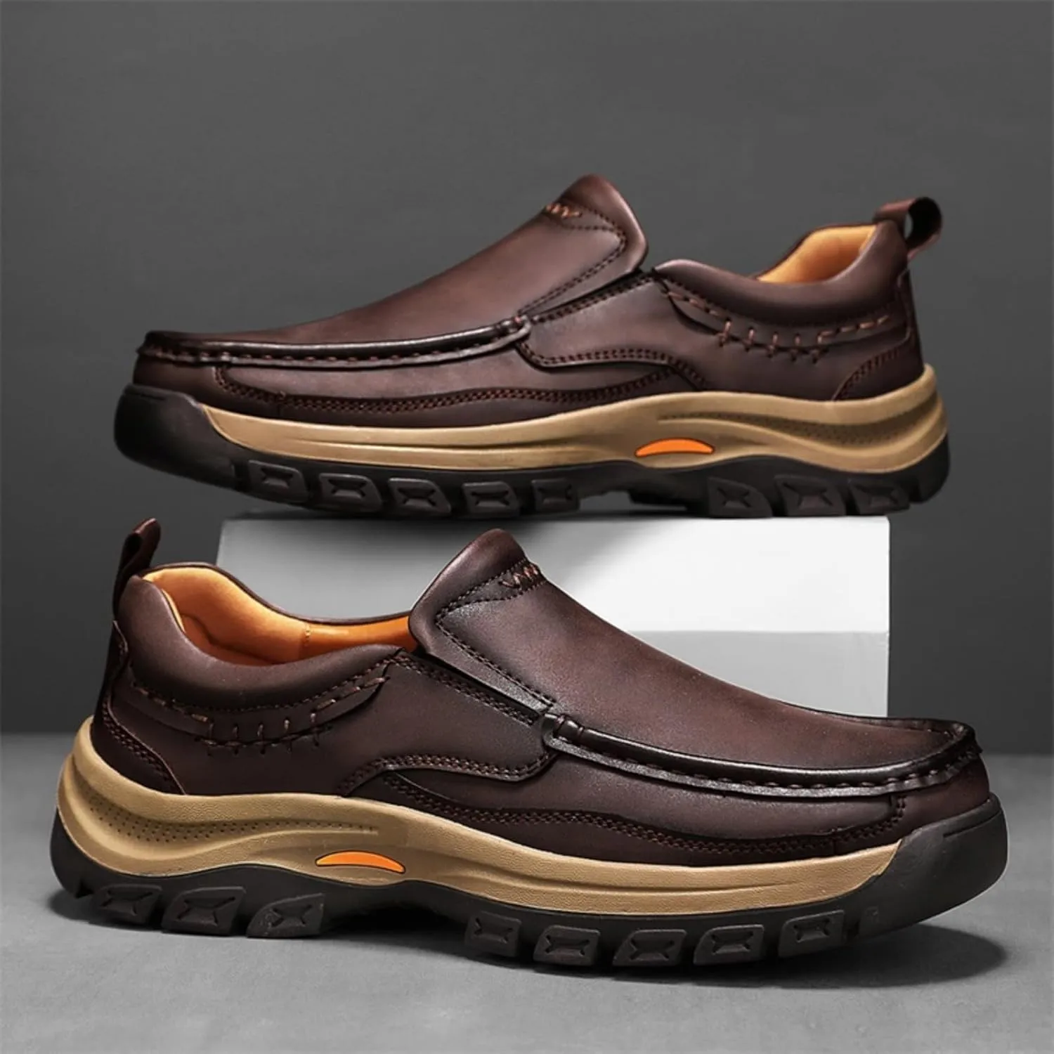 Men's Slip - On Leather Outdoor Comfortable Casual Hiking Shoes for Work Office and Beyond