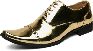 Men's Studded Patent Leather Chelsea Oxfords Fashion Pointed Toe Lace Up Comfortable Block Heel Tuxedo Shoes for Party Business Office Dress Shoes