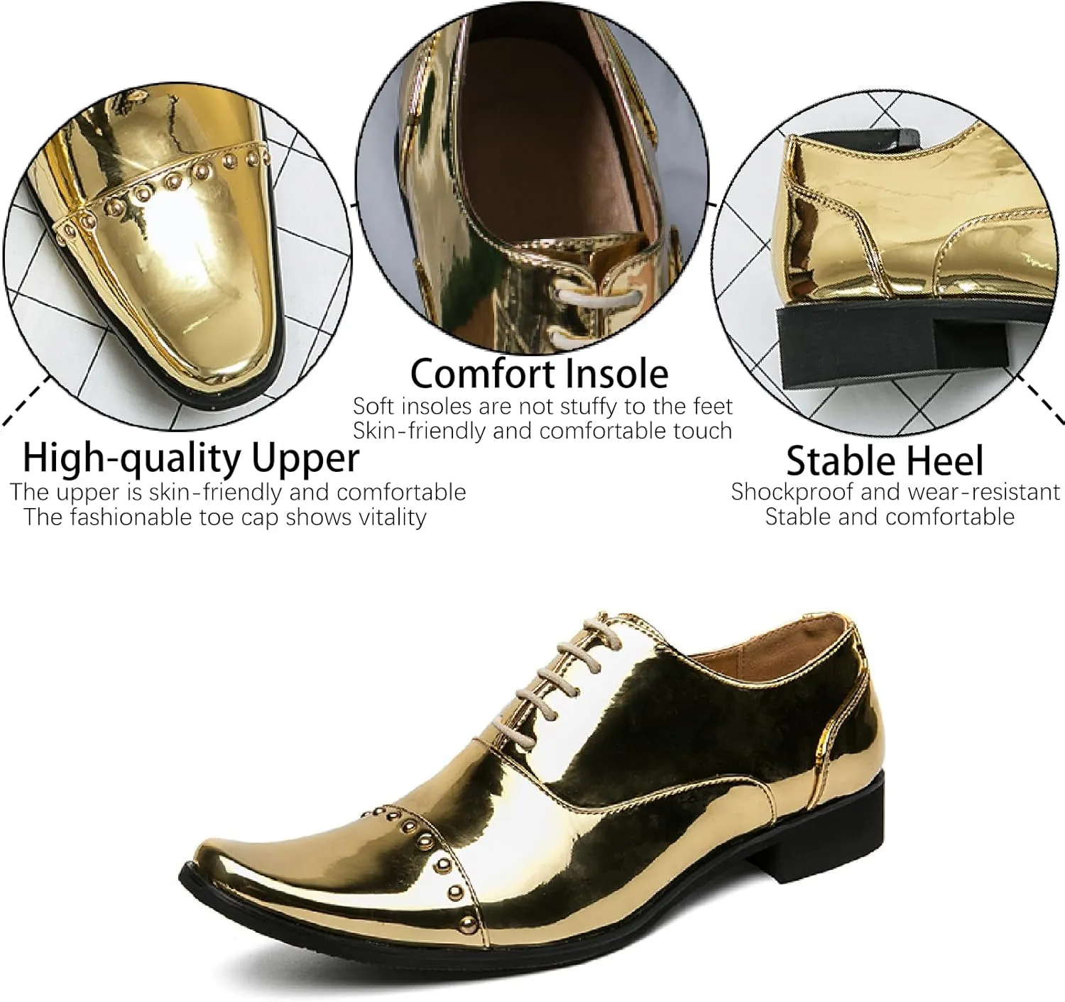 Men's Studded Patent Leather Chelsea Oxfords Fashion Pointed Toe Lace Up Comfortable Block Heel Tuxedo Shoes for Party Business Office Dress Shoes
