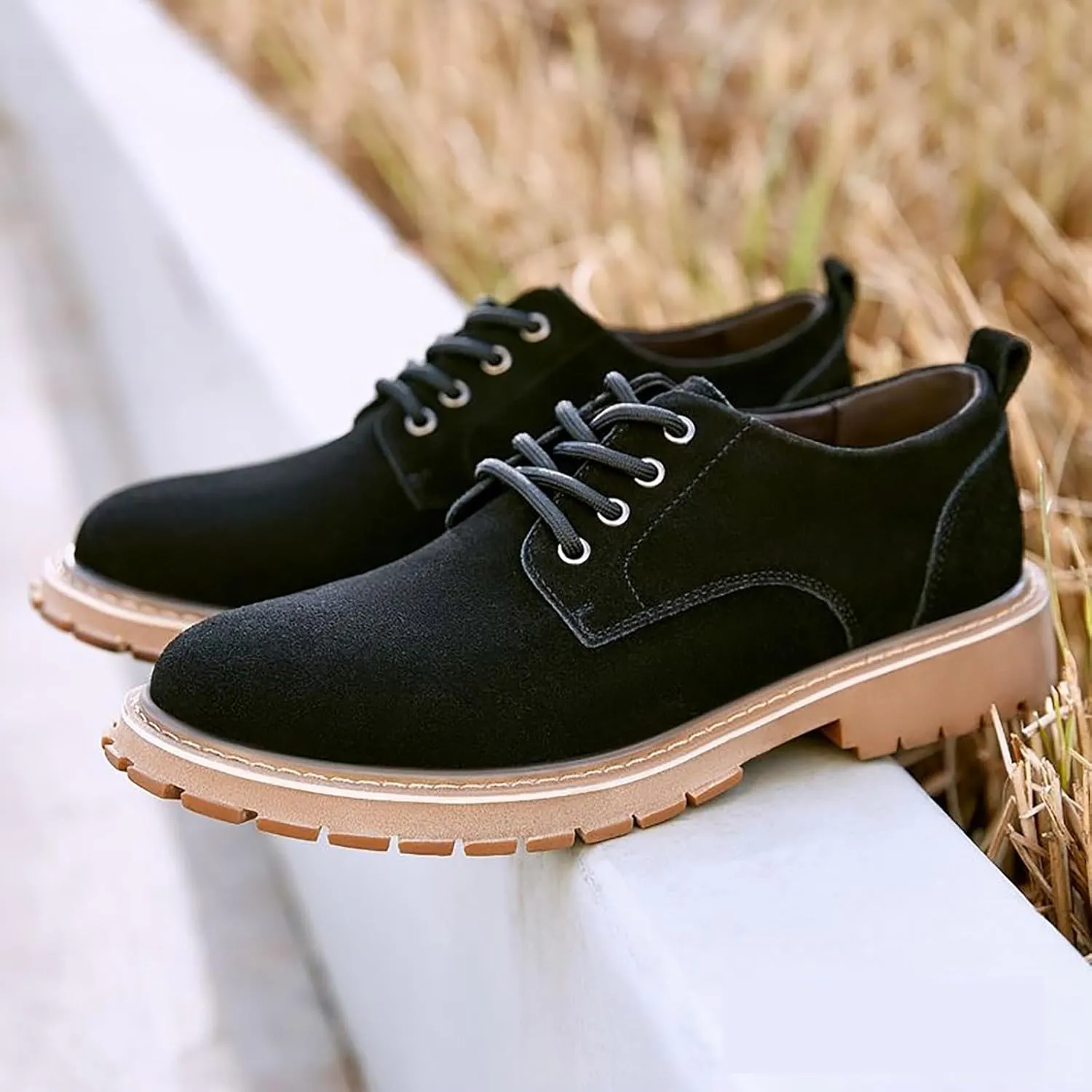 Men's Suede Platform Dress Oxfords Classic Comfor Round Toe Low Block Heel Lug Sole Business Lace Up Derby Non-Slip Casual Work Shoes