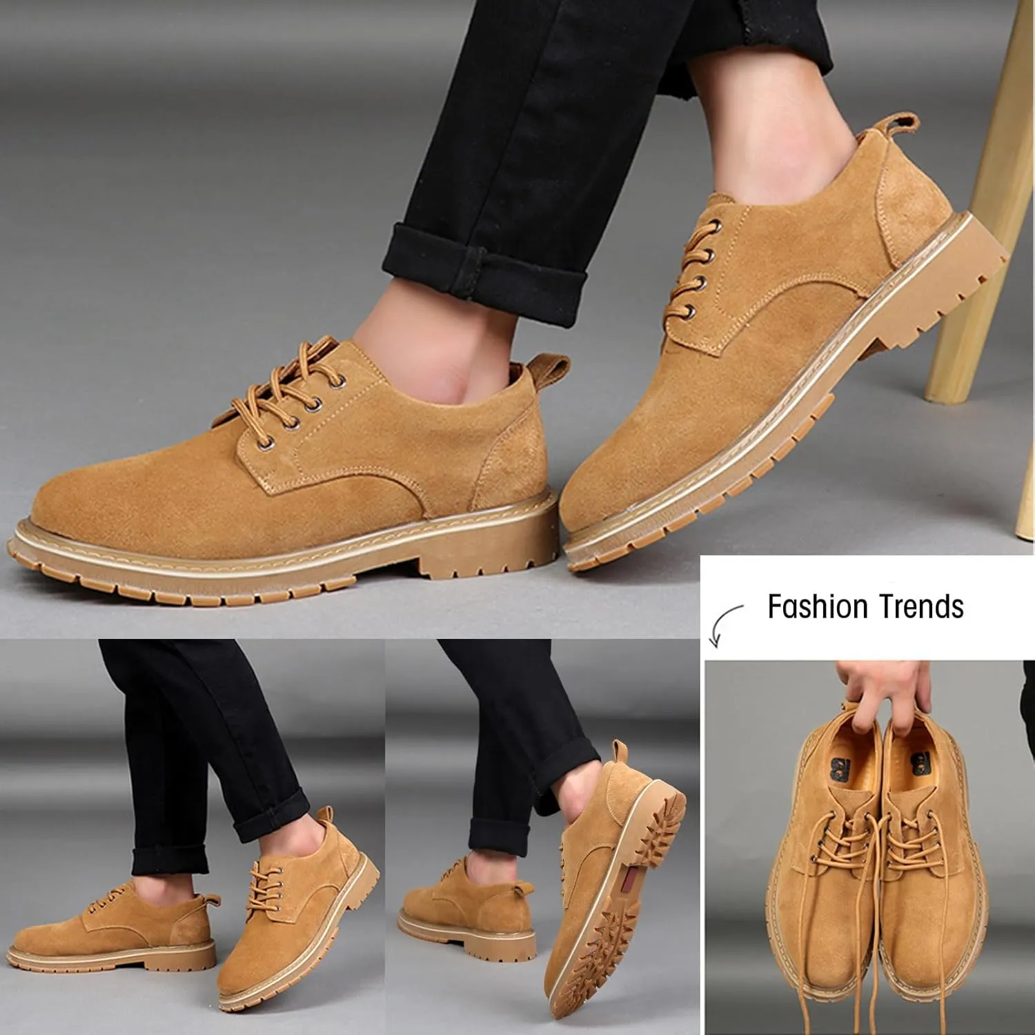 Men's Suede Platform Dress Oxfords Classic Comfor Round Toe Low Block Heel Lug Sole Business Lace Up Derby Non-Slip Casual Work Shoes