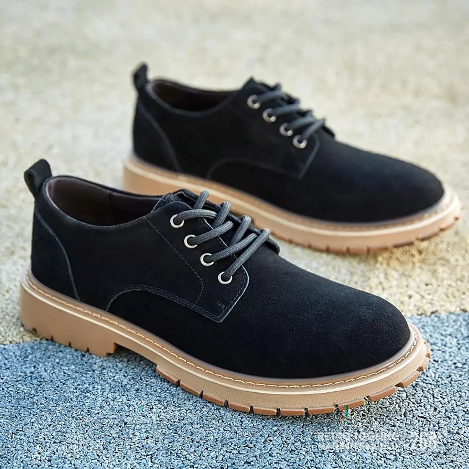 Men's Suede Platform Dress Oxfords Classic Comfor Round Toe Low Block Heel Lug Sole Business Lace Up Derby Non-Slip Casual Work Shoes