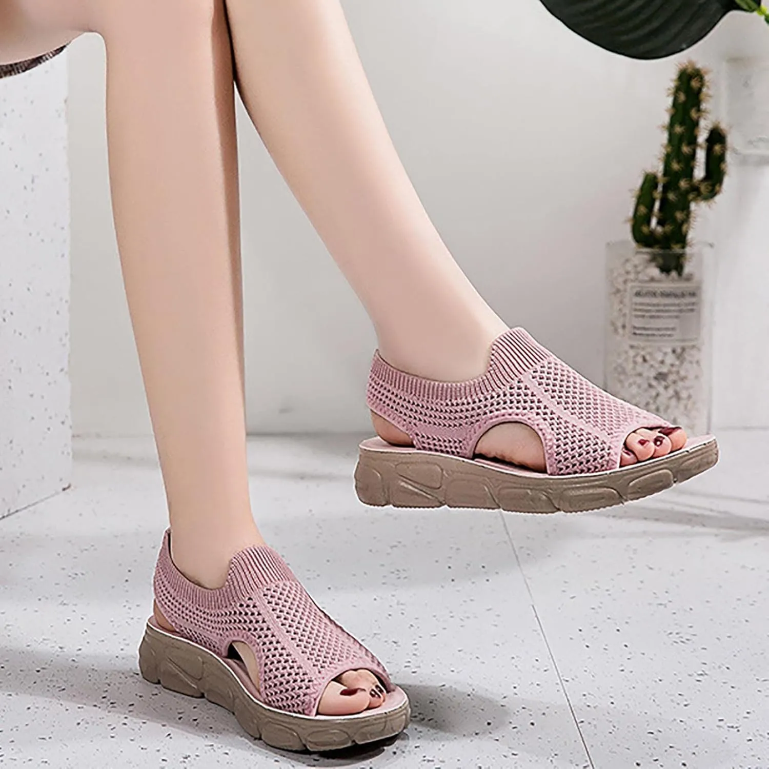 Mesh Breathable Sandals for Women Summer Casual Fish Mouth Open Toe Slip on Wedge Platform Sandals Comfortable Ladies Outdoor Beach Shoes Sandalias