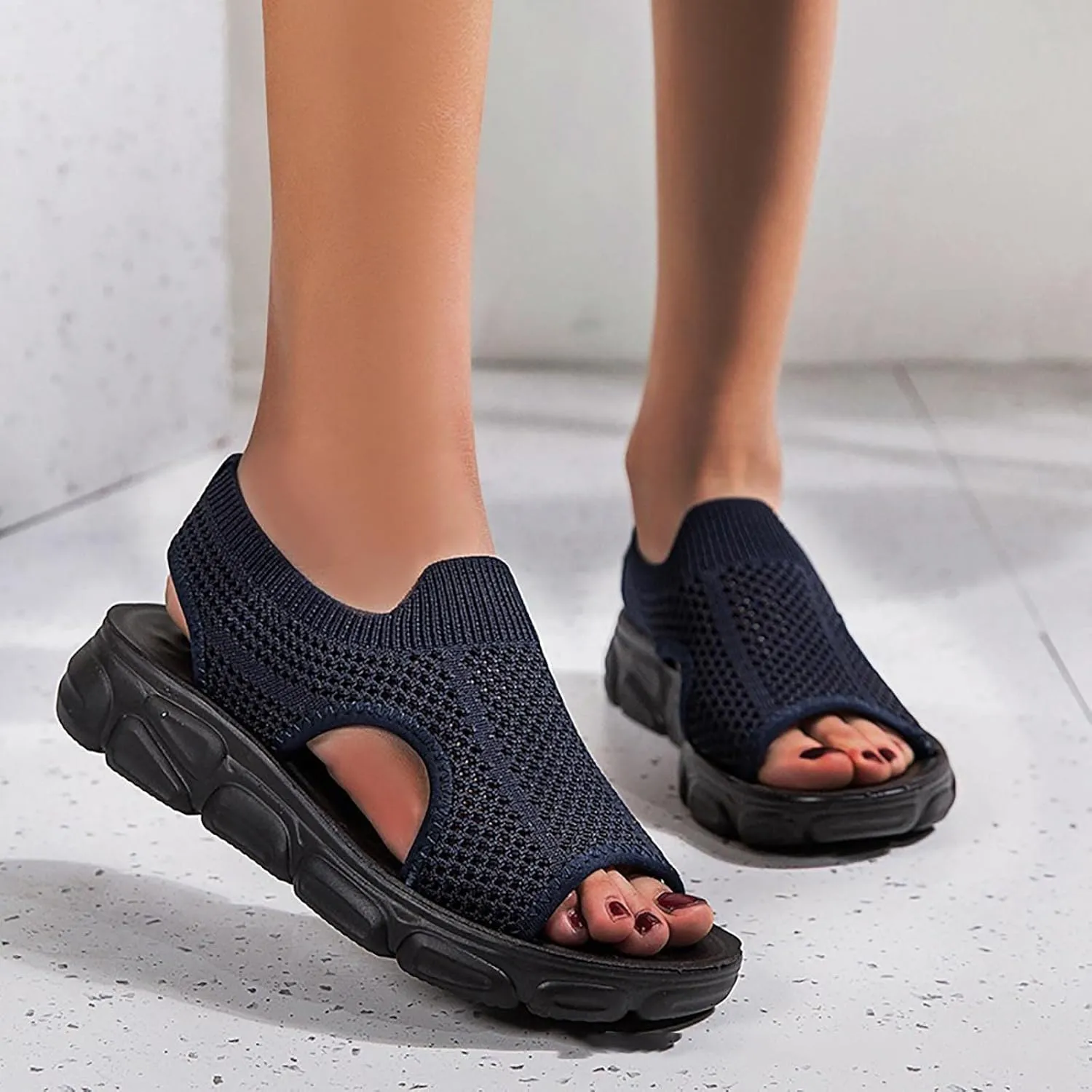 Mesh Breathable Sandals for Women Summer Casual Fish Mouth Open Toe Slip on Wedge Platform Sandals Comfortable Ladies Outdoor Beach Shoes Sandalias