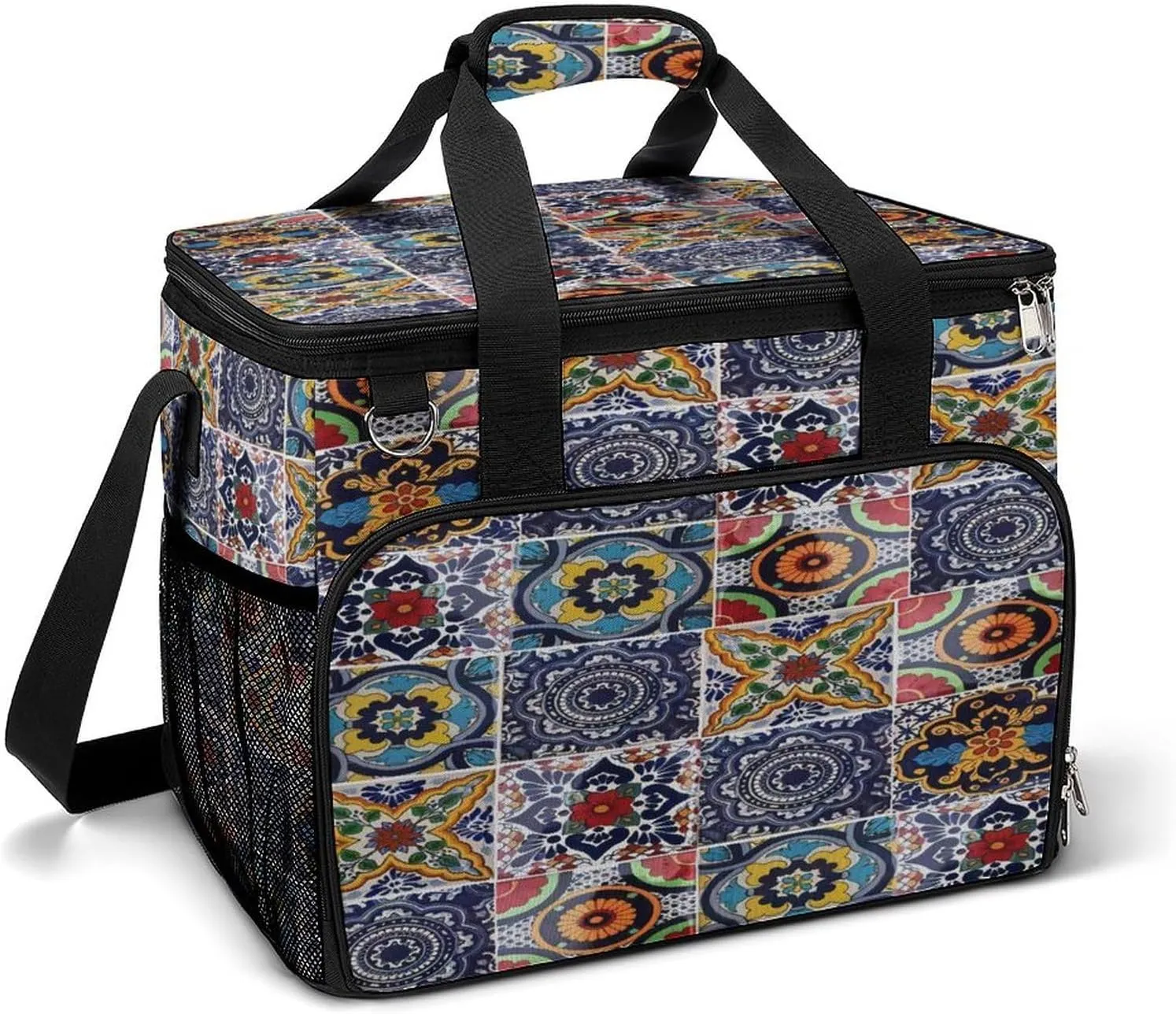 Mexican Talavera Ceramic Tile Pattern Ethnic Folk Cooler Bag, Collapsible Soft Sided Cooler, Large Leakproof Camping Cooler, Portable Travel Cooler for Camping, Road Trips