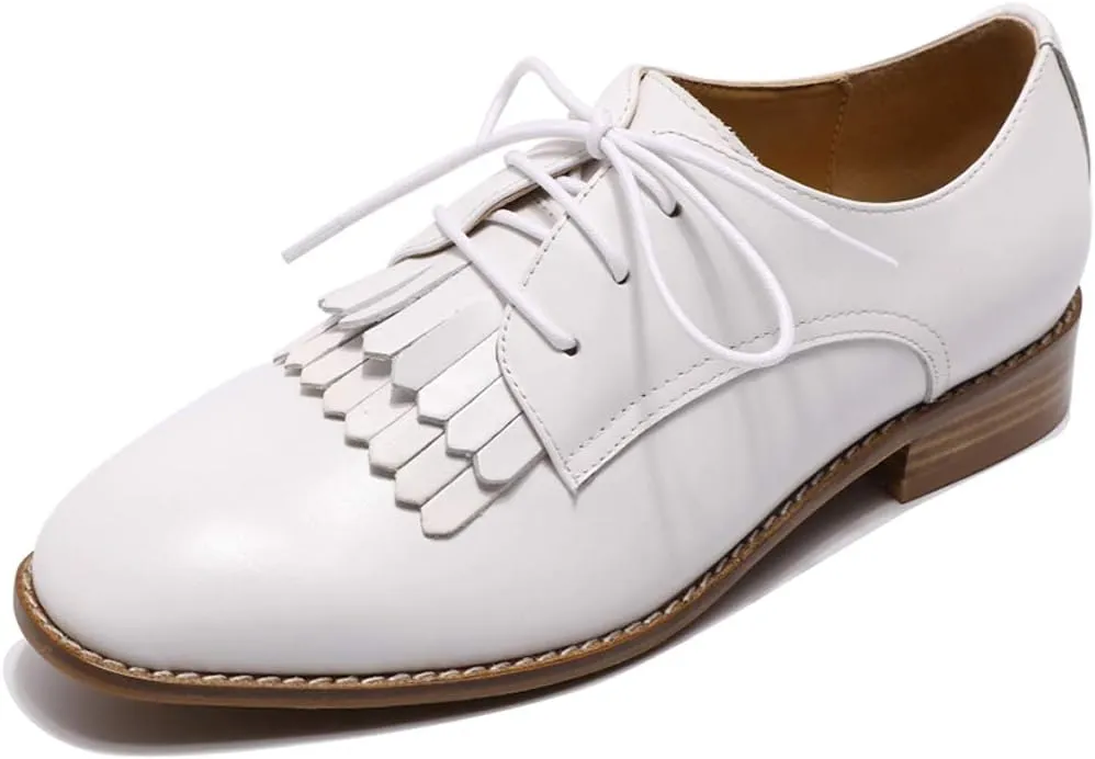Mona flying Women's Tassel Oxfords Derby Comfortable Lace up Leather Flat Office Work Shoes for Ladies