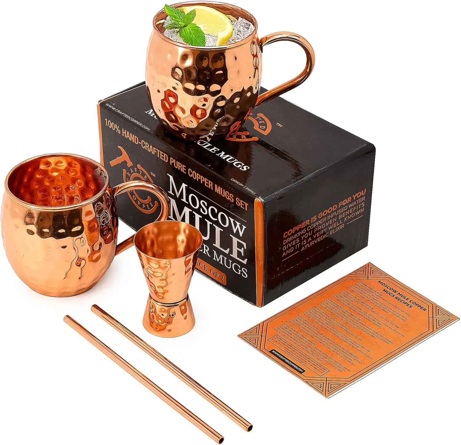 Moscow Mule Cups Set of 2 | 100% Pure Food Safe 16oz Copper Cups with 2X Straws and 1x Jigger - Premium Handcrafted Moscow Mule Kit