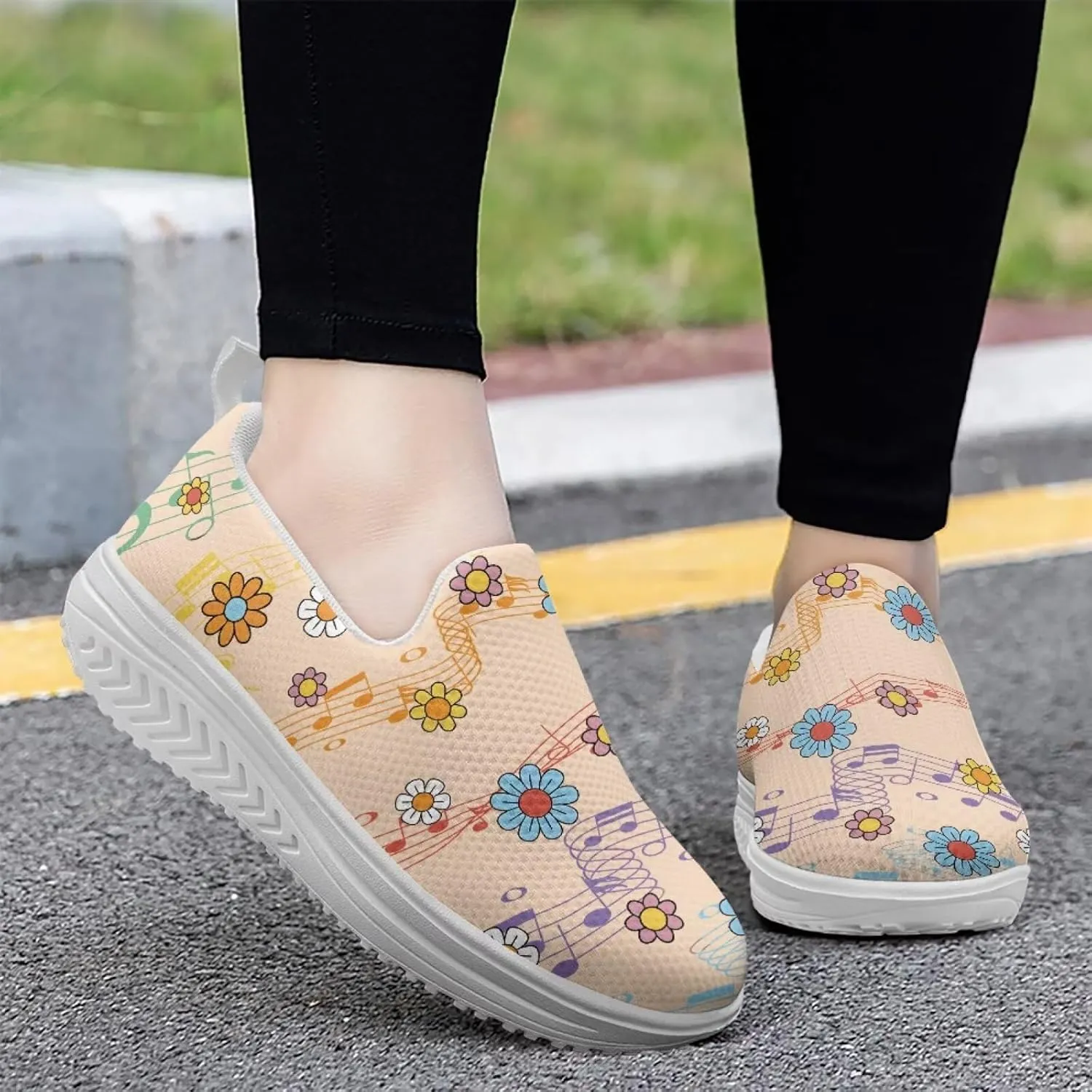 Music Note Womens Walking Sneakers Lightweight Platform Shoes Slip-on Casual Loafer for Outdoor Camping Gym