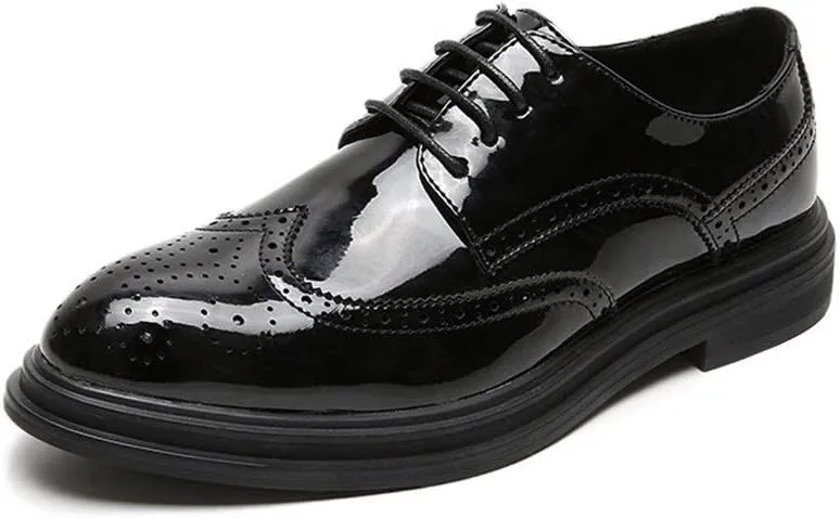 New Dress Oxford for Men Lace Up Wing Tip Brogue Embossed Derby Shoes Vegan Leather Non Slip Anti-Slip Block Heel Low Top Rubber Sole Party