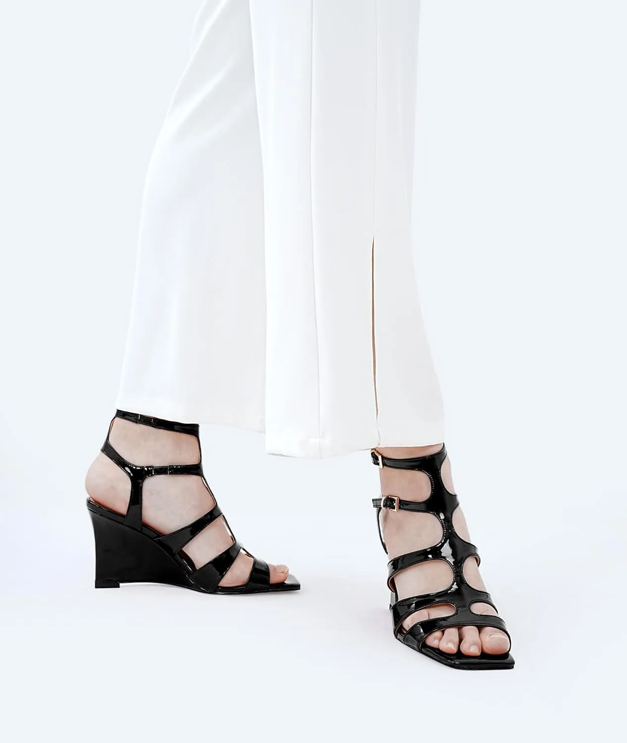 Oh Mispares Gladiator Sandals for Women Square Open Toe T-Strap Wedge Sandals Two Buckle Ankle Strap Heeled Strappy Heels Party Dressy Summer