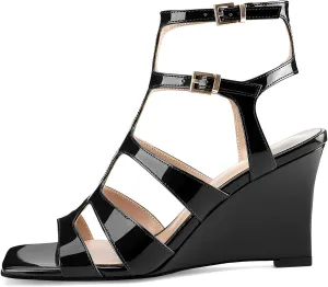 Oh Mispares Gladiator Sandals for Women Square Open Toe T-Strap Wedge Sandals Two Buckle Ankle Strap Heeled Strappy Heels Party Dressy Summer