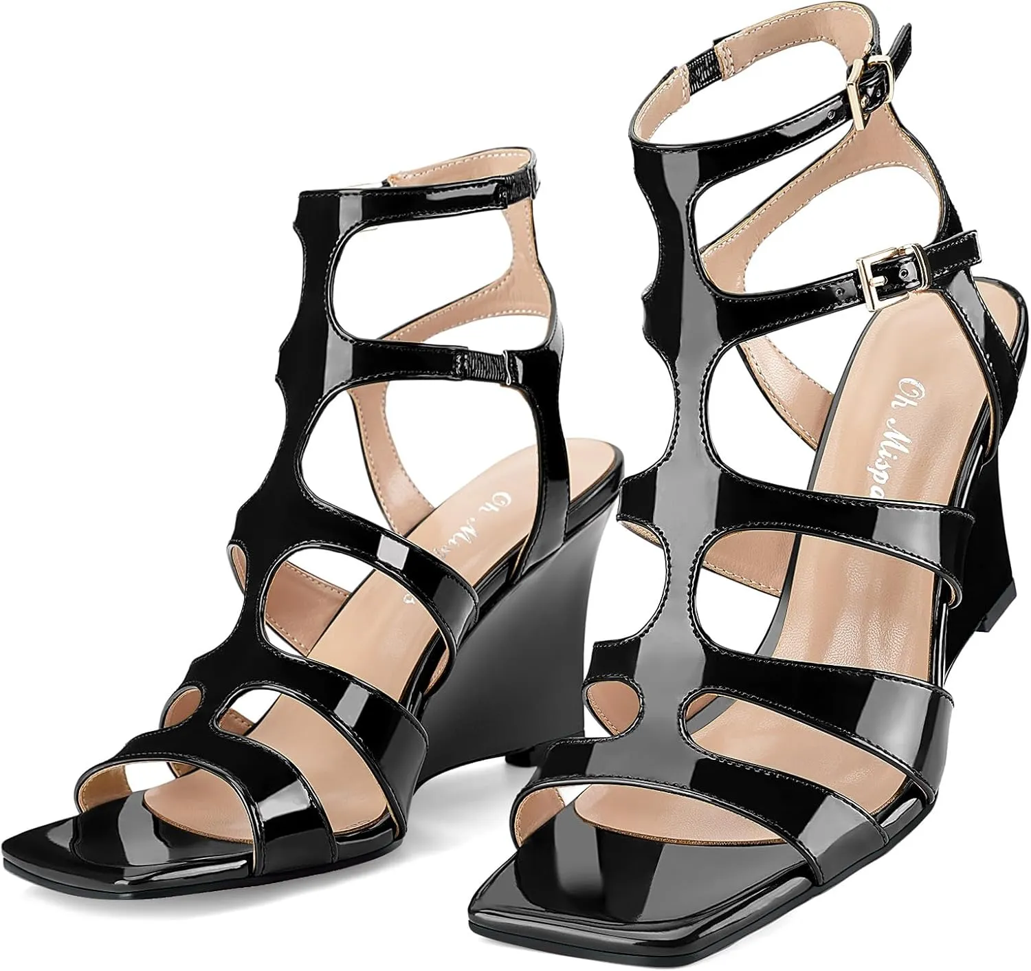 Oh Mispares Gladiator Sandals for Women Square Open Toe T-Strap Wedge Sandals Two Buckle Ankle Strap Heeled Strappy Heels Party Dressy Summer