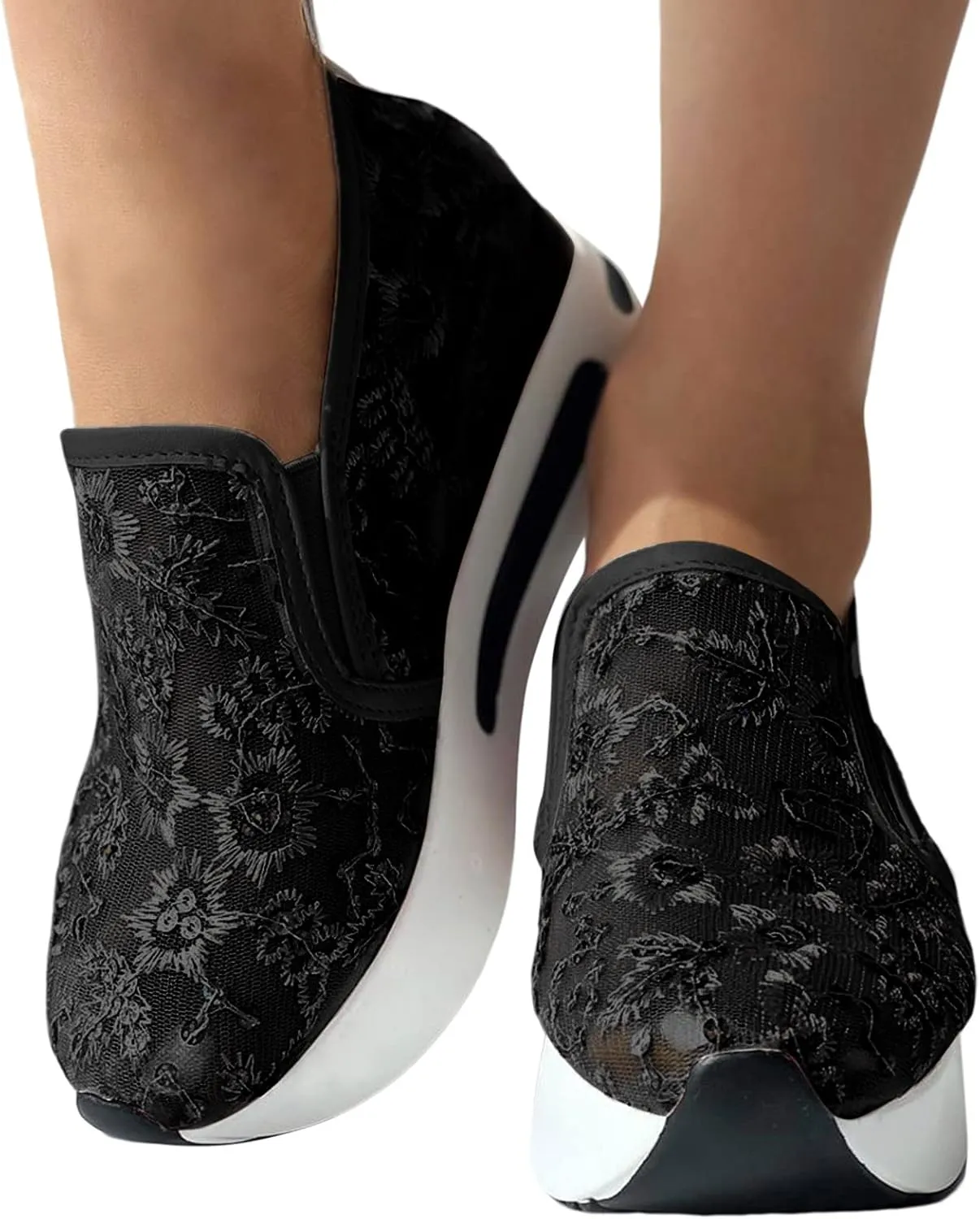 Ohxixhia Wedge Floral Walking Shoes Embroidery Floral Mesh Lace Chunky Sneakers Slip On Arch Support Shoes Fashion Sneakers
