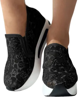 Ohxixhia Wedge Floral Walking Shoes Embroidery Floral Mesh Lace Chunky Sneakers Slip On Arch Support Shoes Fashion Sneakers