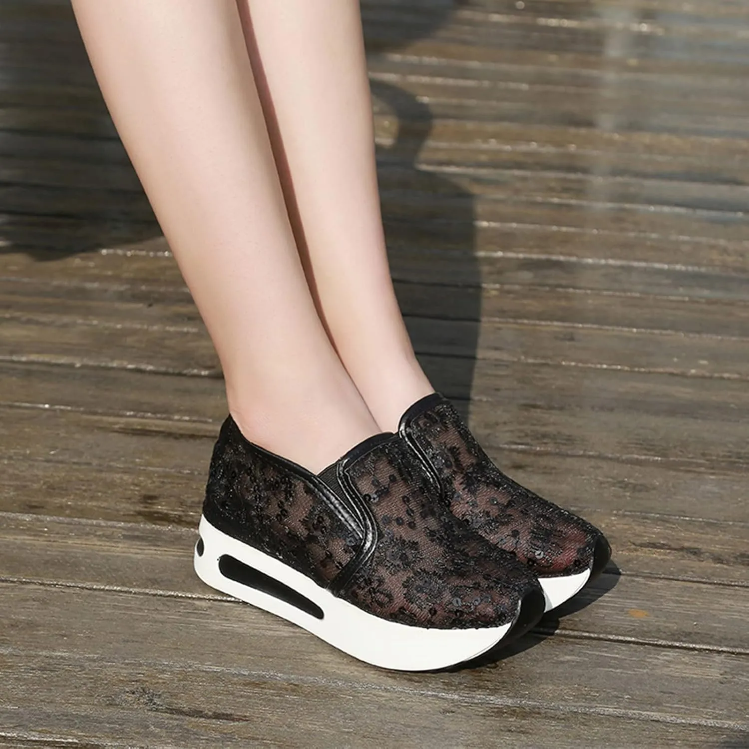 Ohxixhia Wedge Floral Walking Shoes Embroidery Floral Mesh Lace Chunky Sneakers Slip On Arch Support Shoes Fashion Sneakers