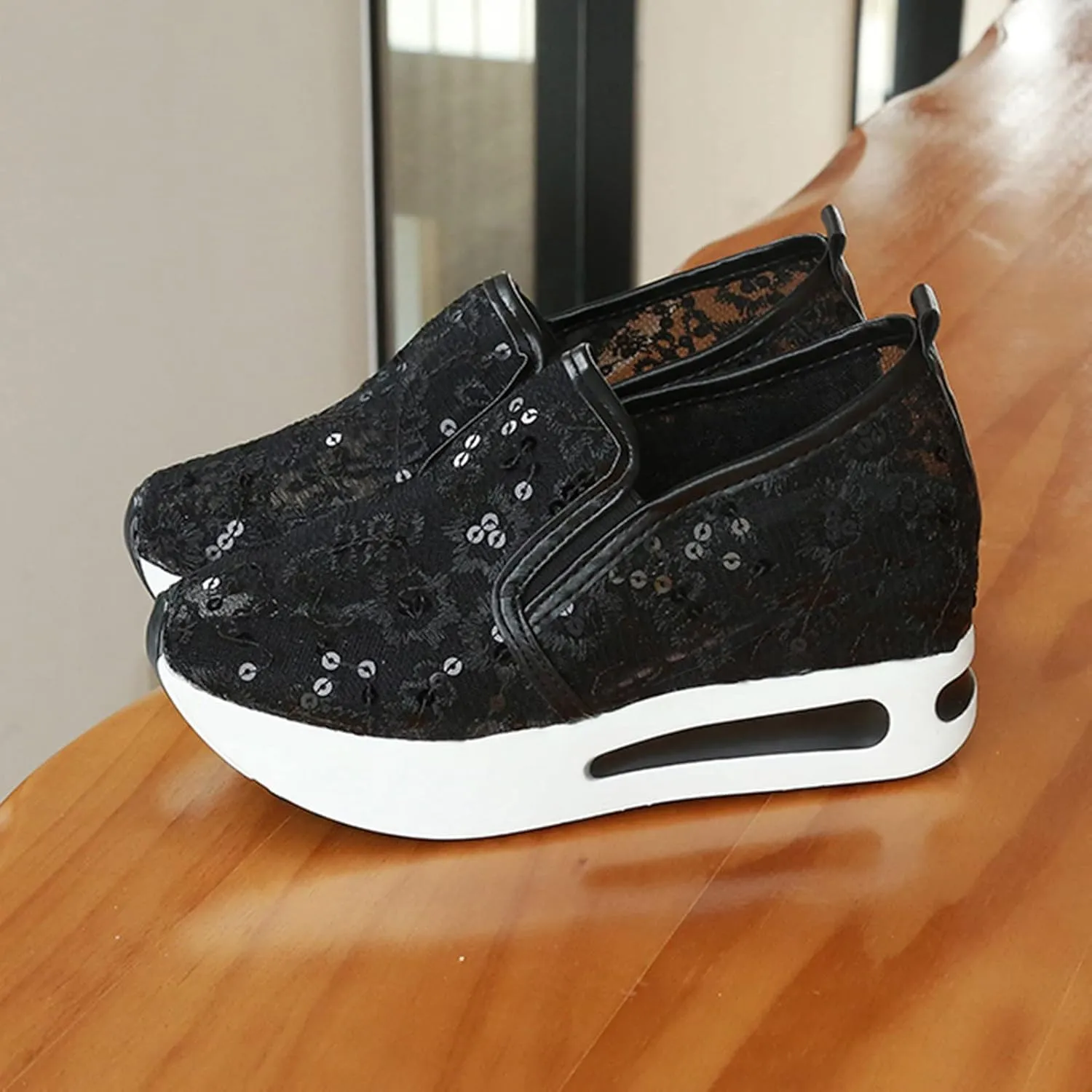 Ohxixhia Wedge Floral Walking Shoes Embroidery Floral Mesh Lace Chunky Sneakers Slip On Arch Support Shoes Fashion Sneakers