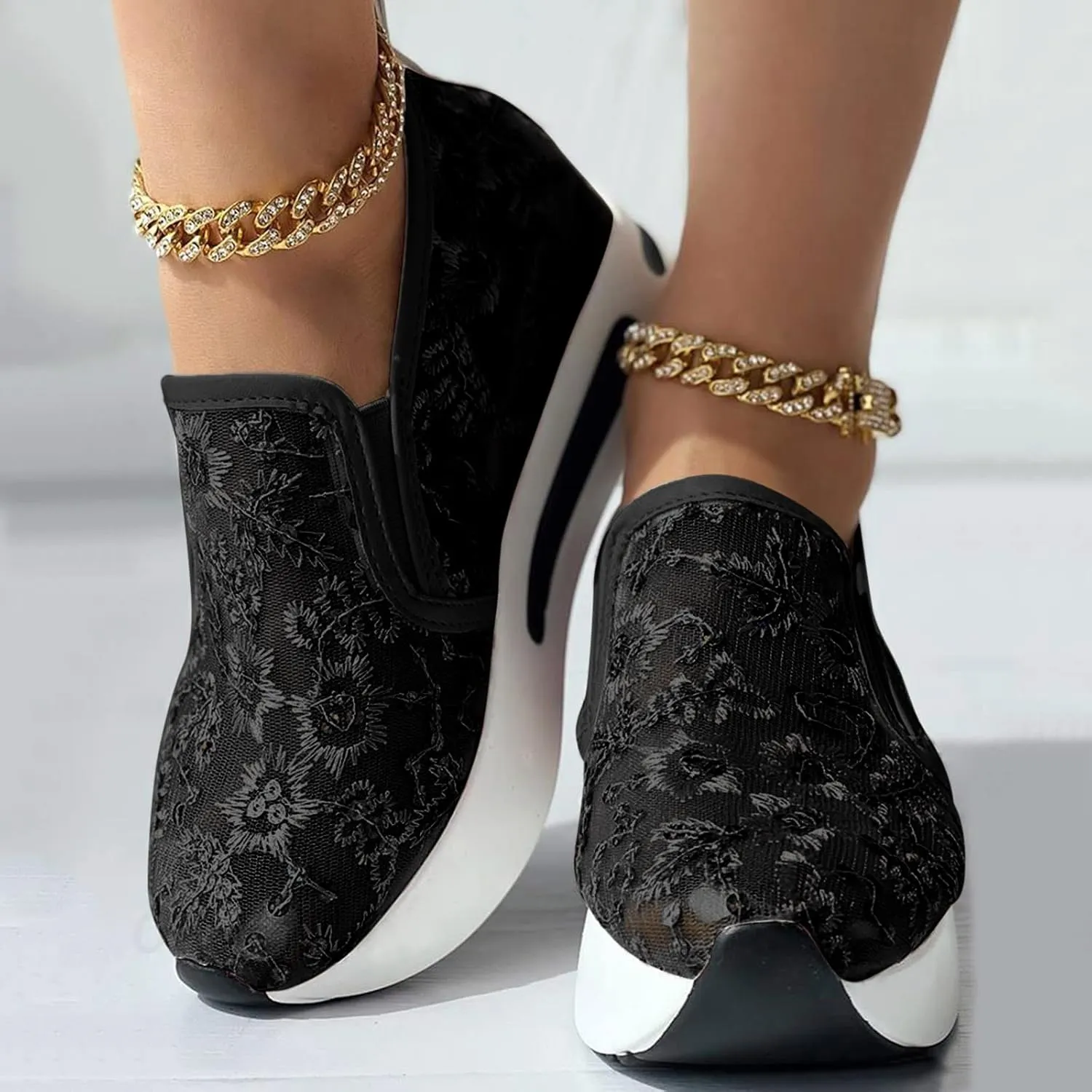 Ohxixhia Wedge Floral Walking Shoes Embroidery Floral Mesh Lace Chunky Sneakers Slip On Arch Support Shoes Fashion Sneakers
