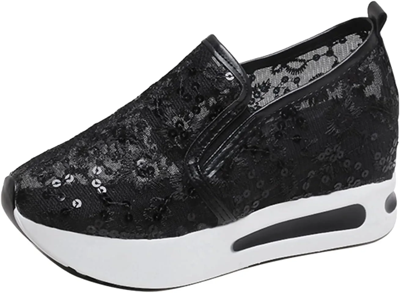 Ohxixhia Wedge Floral Walking Shoes Embroidery Floral Mesh Lace Chunky Sneakers Slip On Arch Support Shoes Fashion Sneakers