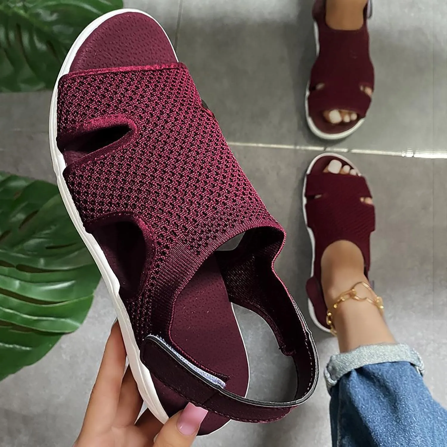 oiangi Summer Sandals for Women Platform Fashion Breathable Mesh Walking Shoes Solid Color Casual Comfortable Elastic Knit Slingback Ladies Shoes