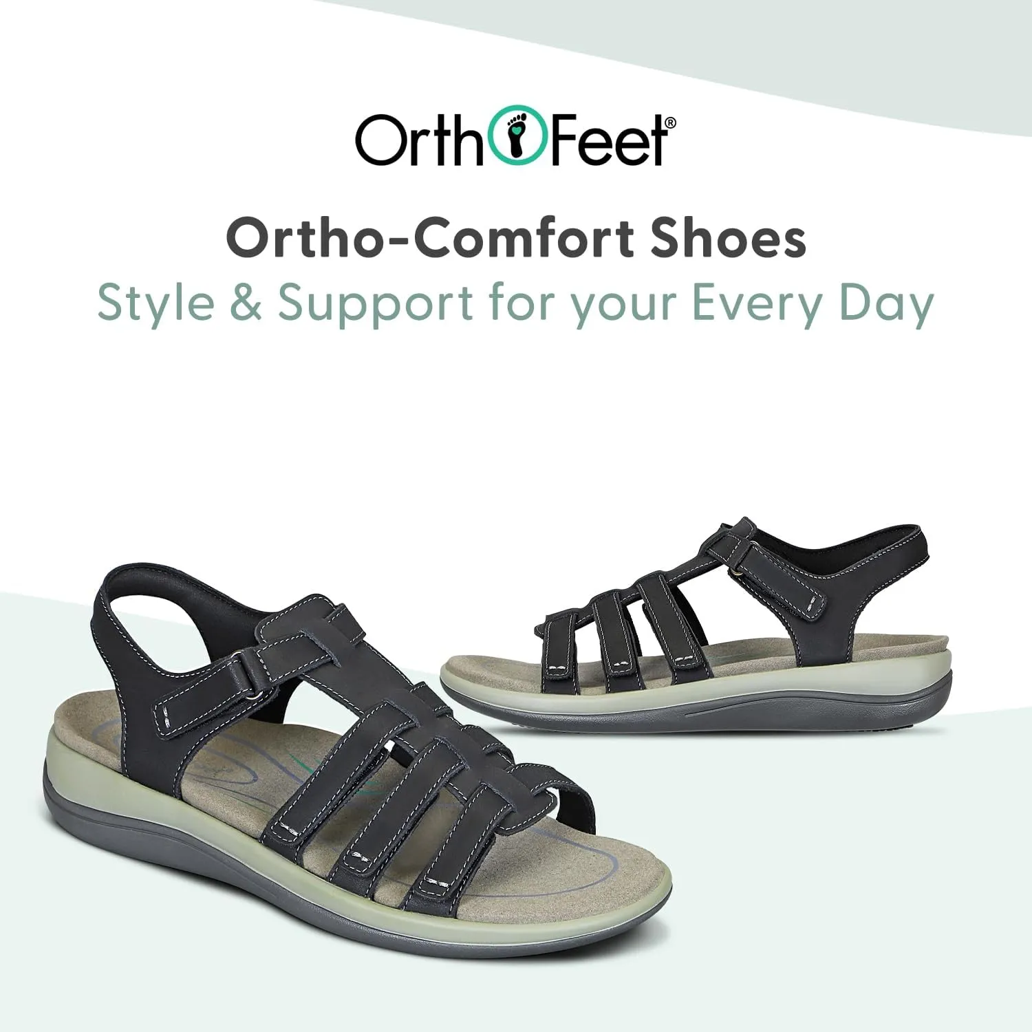 Orthofeet Women's Orthopedic Black Leather Amalfi Adjustable Sandals, Size 6