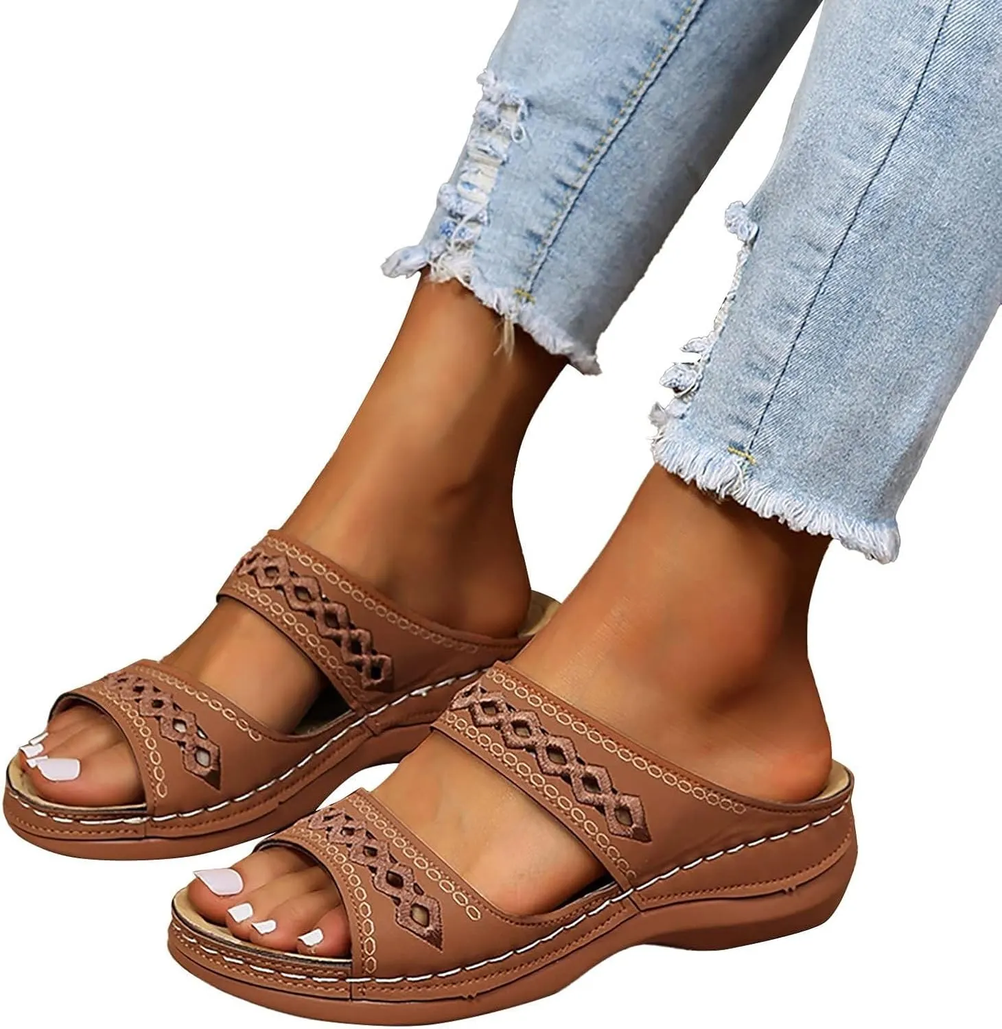 Orthopedic Sandals for Women Embroidered Wedge Perfectchose Arch Support Sandals Non-Slip Breathable Outdoor Walking Shoes Lightweight Memory Foam Platform Shoes