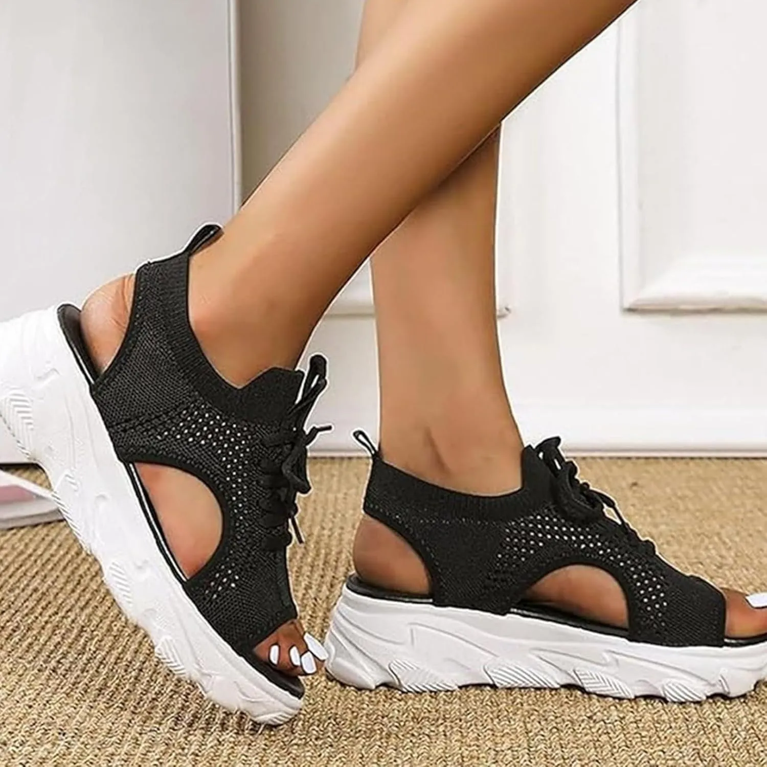 Orthopedic Wedge Sandals for Women Casual Breathable Mesh Hollow Out Open Toe Beach Shoes Lightweight Platform Ankle Strap Comfortable Outdoor Shoes Sandals