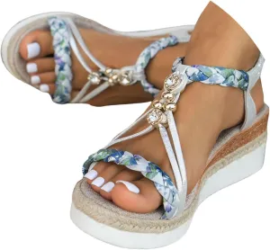 Orthopedic Wedge Sandals for Women Summer Dressy 2025 Womens Low Wedges Heels Sandal Shoes Wide Width Comfort Walking Non Slip Casual Beach Platform Sandals Ankle Elastic Bohemian Woven Sandals