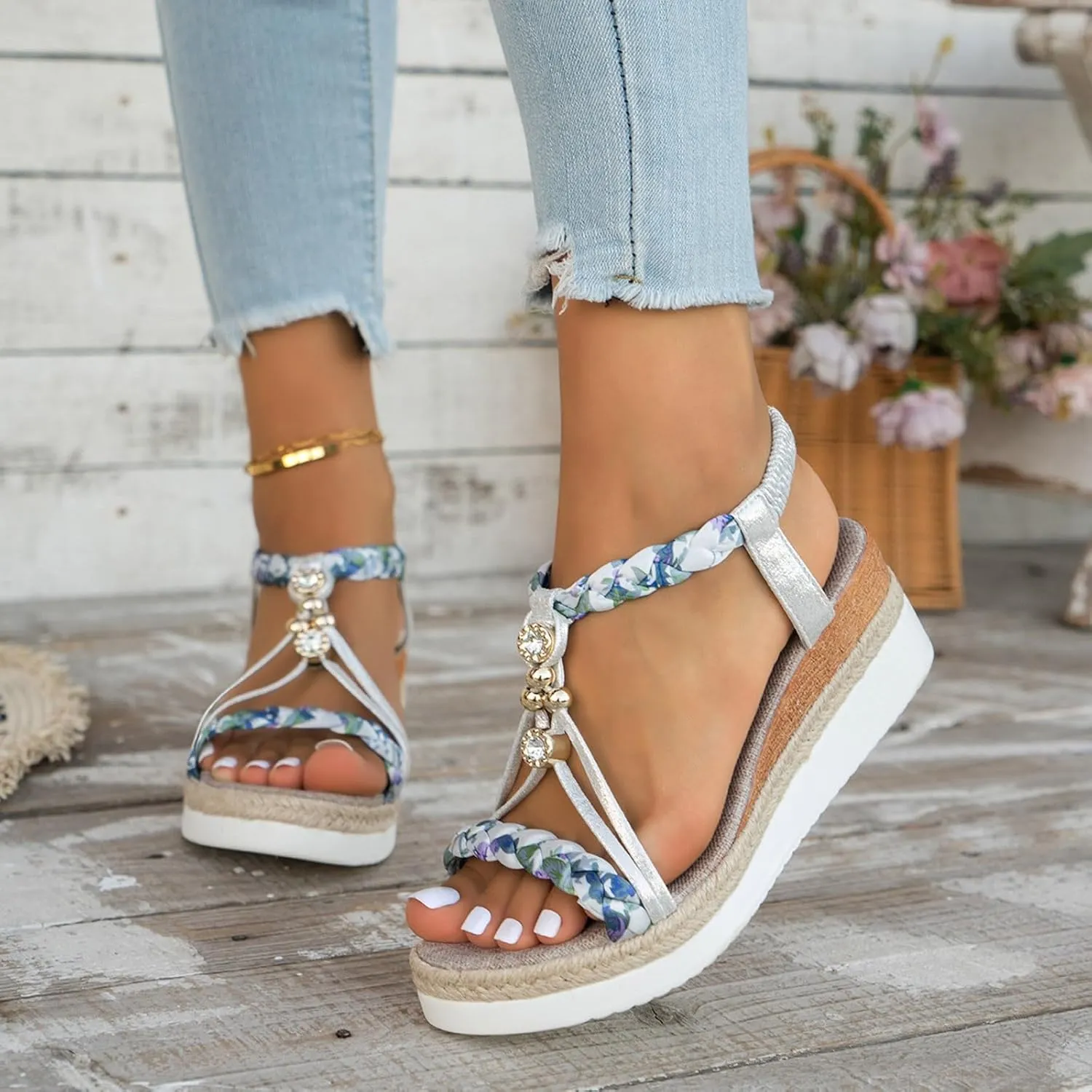 Orthopedic Wedge Sandals for Women Summer Dressy 2025 Womens Low Wedges Heels Sandal Shoes Wide Width Comfort Walking Non Slip Casual Beach Platform Sandals Ankle Elastic Bohemian Woven Sandals