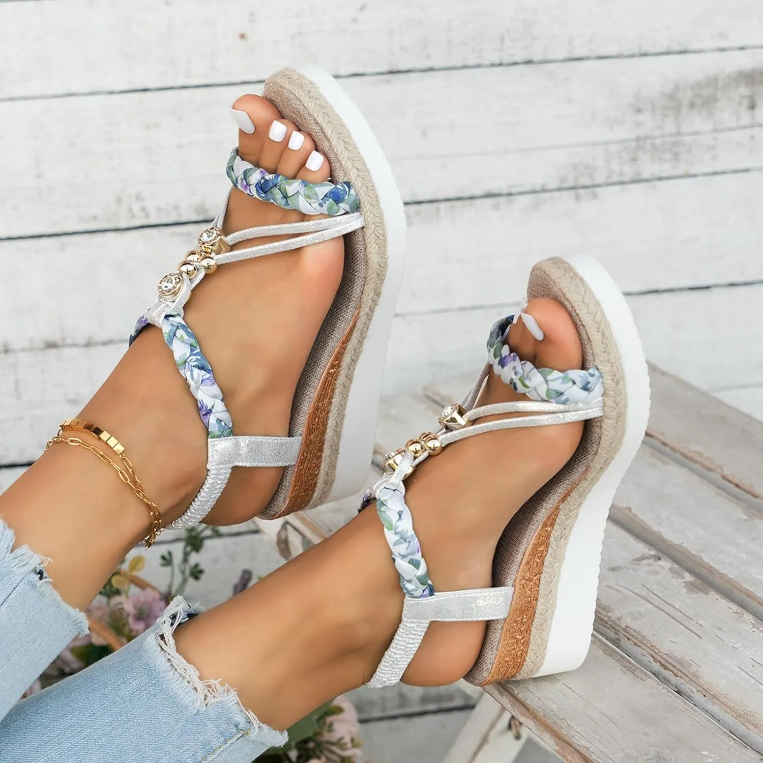 Orthopedic Wedge Sandals for Women Summer Dressy 2025 Womens Low Wedges Heels Sandal Shoes Wide Width Comfort Walking Non Slip Casual Beach Platform Sandals Ankle Elastic Bohemian Woven Sandals