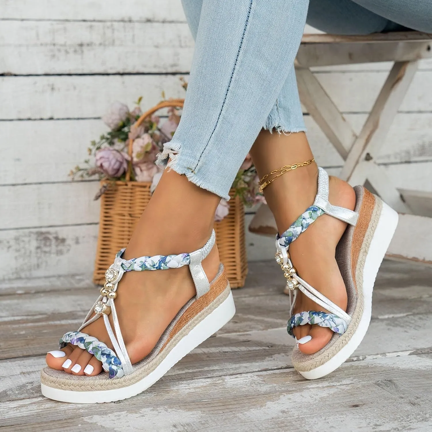Orthopedic Wedge Sandals for Women Summer Dressy 2025 Womens Low Wedges Heels Sandal Shoes Wide Width Comfort Walking Non Slip Casual Beach Platform Sandals Ankle Elastic Bohemian Woven Sandals