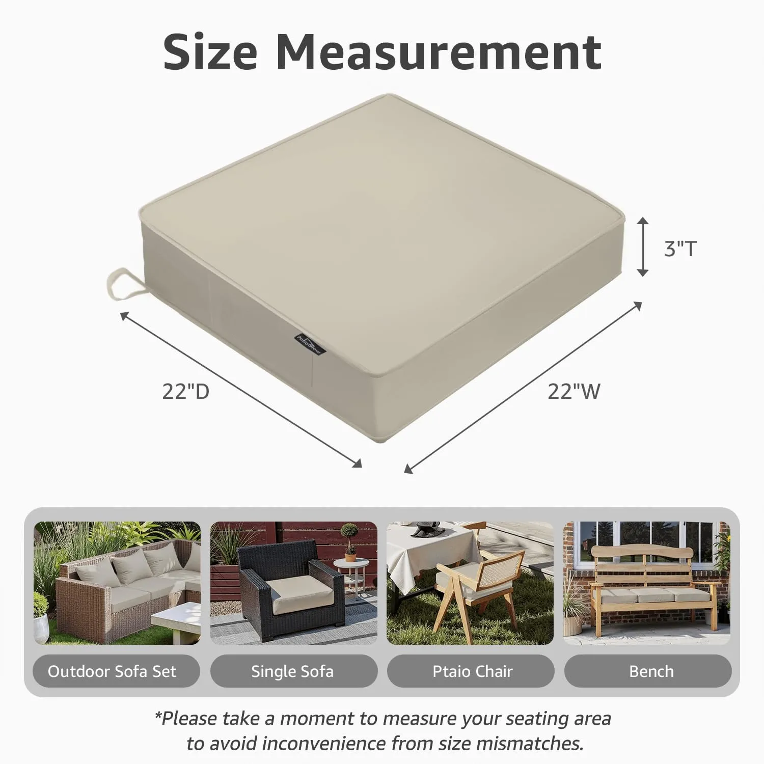 Outdoor Chair Cushions 22 x 22 x 3 Inch, Waterproof & Fade Resistant Patio Seat Cushion for Furniture with Handle and Ties, Thick Seating Pads for Outside Sofa Couch Set of 2, Cream