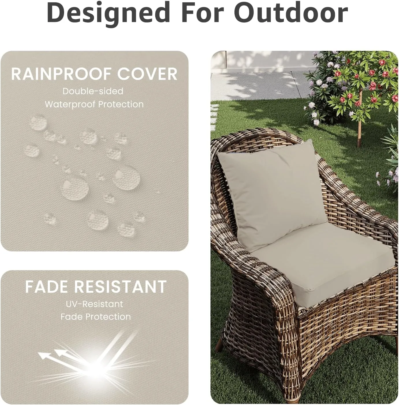 Outdoor Chair Cushions 22 x 22 x 3 Inch, Waterproof & Fade Resistant Patio Seat Cushion for Furniture with Handle and Ties, Thick Seating Pads for Outside Sofa Couch Set of 2, Cream