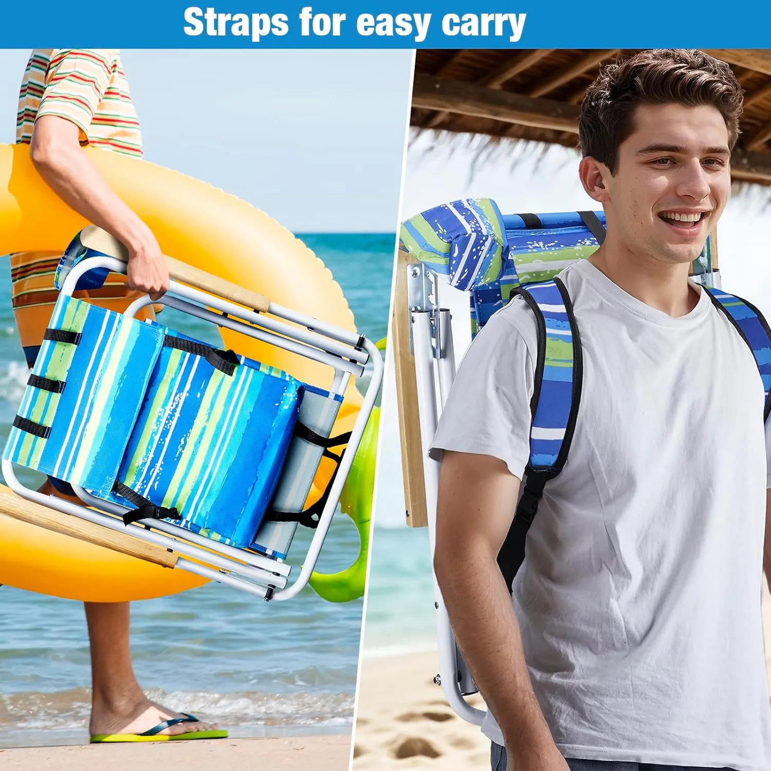 Outvita Folding Beach Chair Adjustable Headrest w/4 Flexible Tilt Angle, Cup Holder Portable High Strength Cleanable Fabric, for Sand Camping Lawn Concert Travel Festival