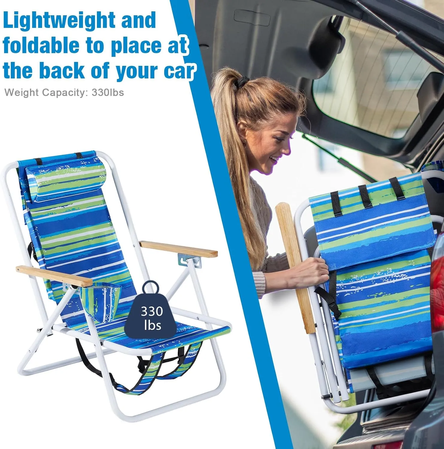 Outvita Folding Beach Chair Adjustable Headrest w/4 Flexible Tilt Angle, Cup Holder Portable High Strength Cleanable Fabric, for Sand Camping Lawn Concert Travel Festival