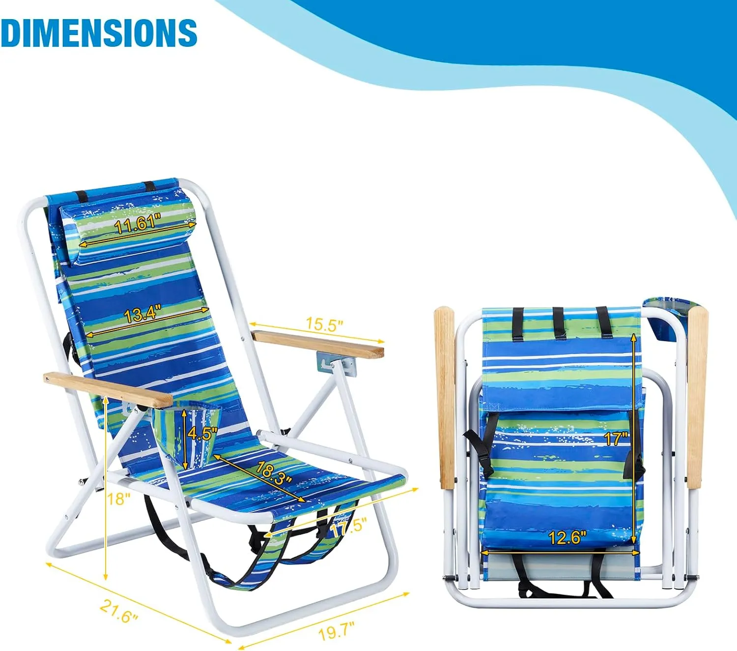 Outvita Folding Beach Chair Adjustable Headrest w/4 Flexible Tilt Angle, Cup Holder Portable High Strength Cleanable Fabric, for Sand Camping Lawn Concert Travel Festival