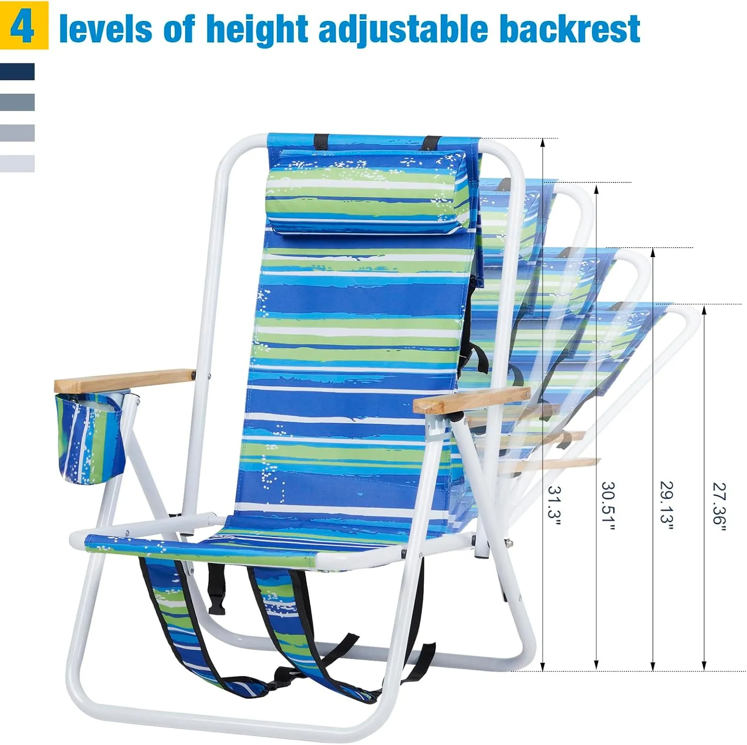 Outvita Folding Beach Chair Adjustable Headrest w/4 Flexible Tilt Angle, Cup Holder Portable High Strength Cleanable Fabric, for Sand Camping Lawn Concert Travel Festival