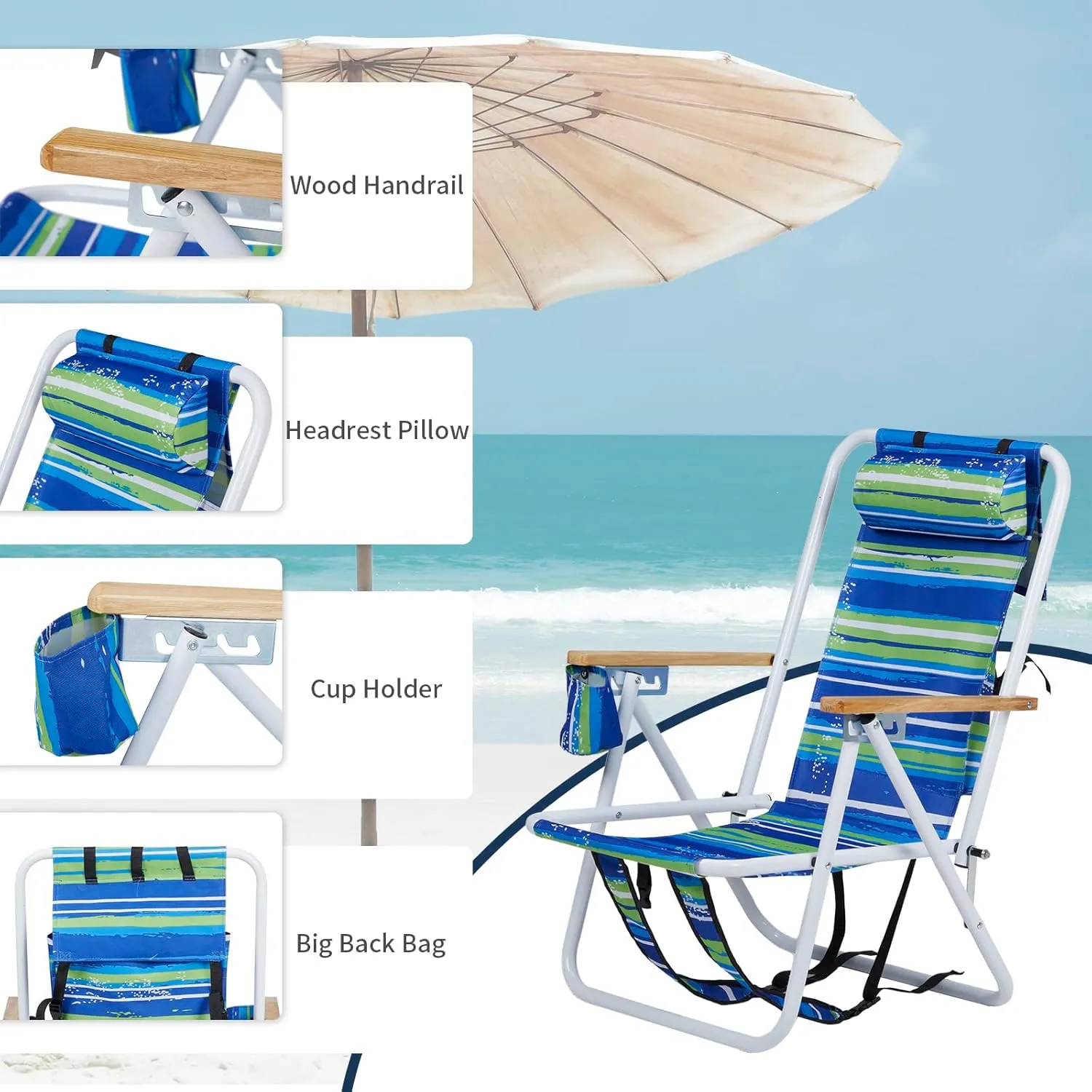 Outvita Folding Beach Chair Adjustable Headrest w/4 Flexible Tilt Angle, Cup Holder Portable High Strength Cleanable Fabric, for Sand Camping Lawn Concert Travel Festival