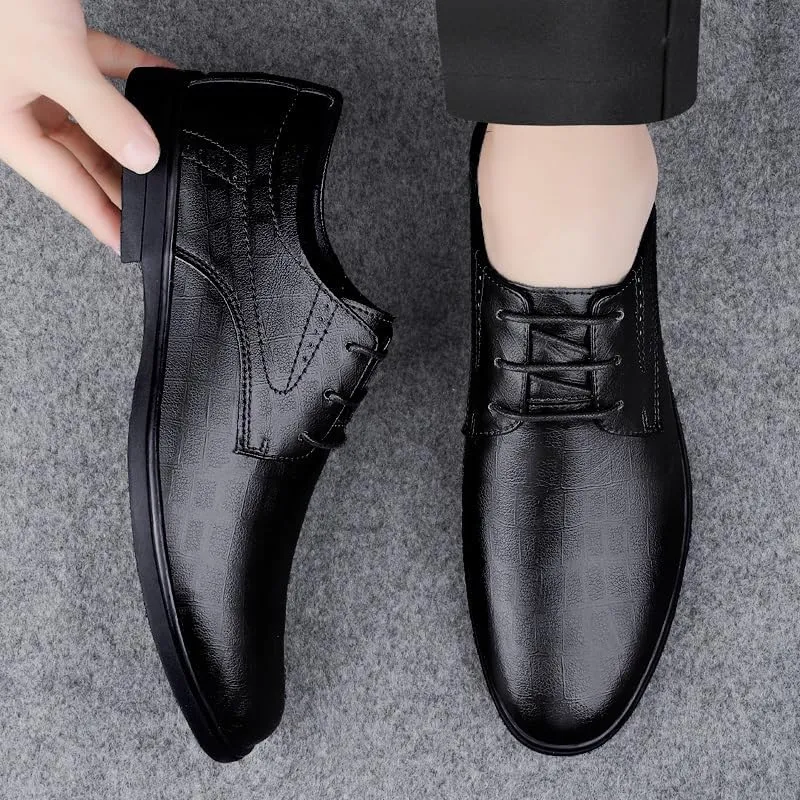 Oxford Dress Shoes for Men Lace Up Round Toe Plaid Solid Color Faux Leather Derby Shoes Rubber Sole Slip Resistant Anti-Slip Party