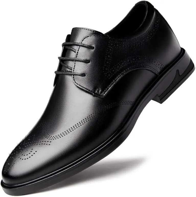 Oxford Shoes for Men Lace Up Brogue Embossed Wing tip Vegan Leather Derby Shoes Block Heel Anti-Slip Low Top Slip Resistant Business