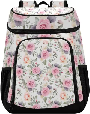 Pink Rose Flower Roses Floral Cooler Backpack Cooler Insulated Leak Proof Lunch Backpack 36 Cans Waterproof Soft for Men Women Picnic Hiking Camping Beach