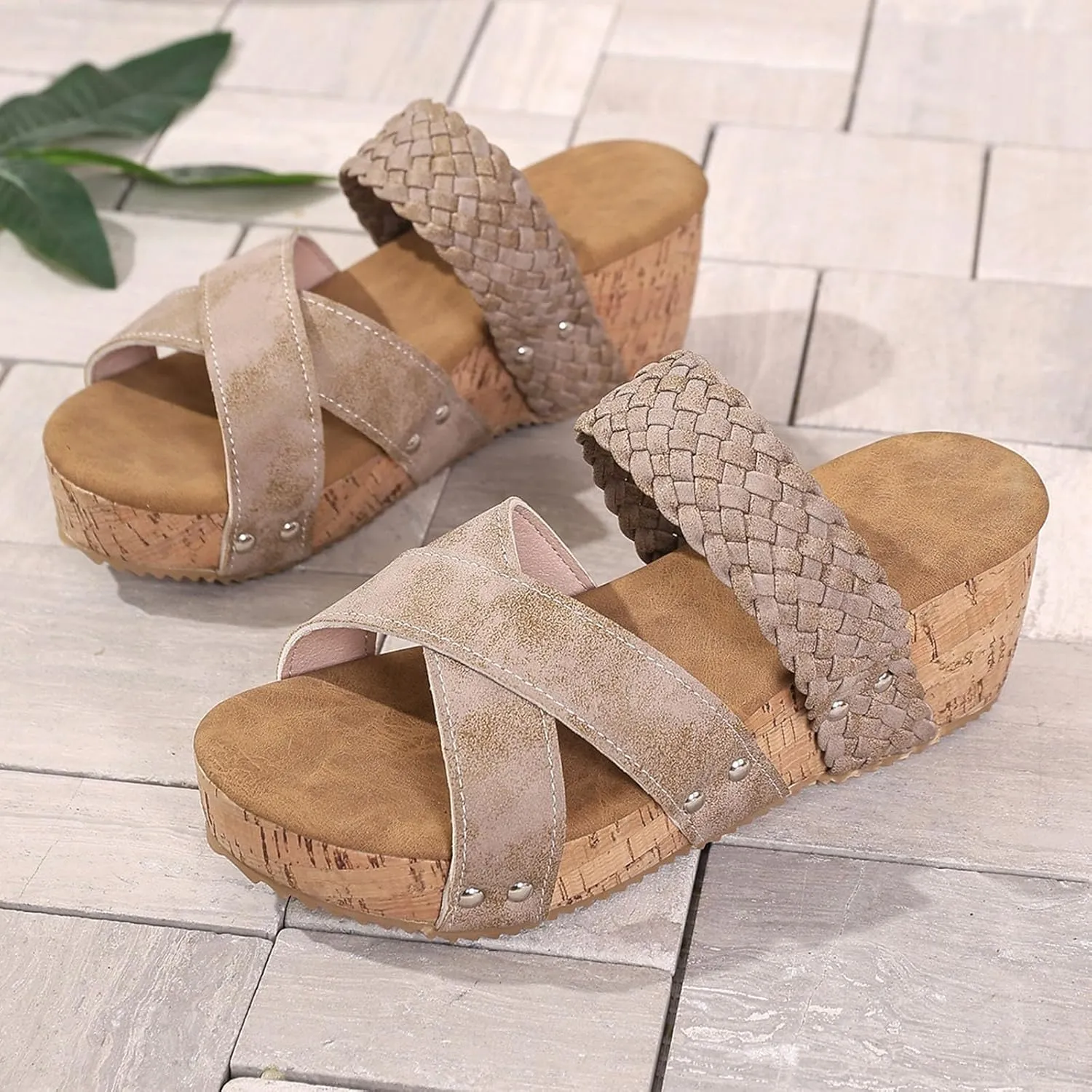 Platform Sandals for Women 2025,Women's Slide Sandals,Arch Support X-Strap Slippers with Rivets Comfy Summer Casual Sandal Orthopedic Corked Footbed Beach Shoes Slip On Wide Width Slipper