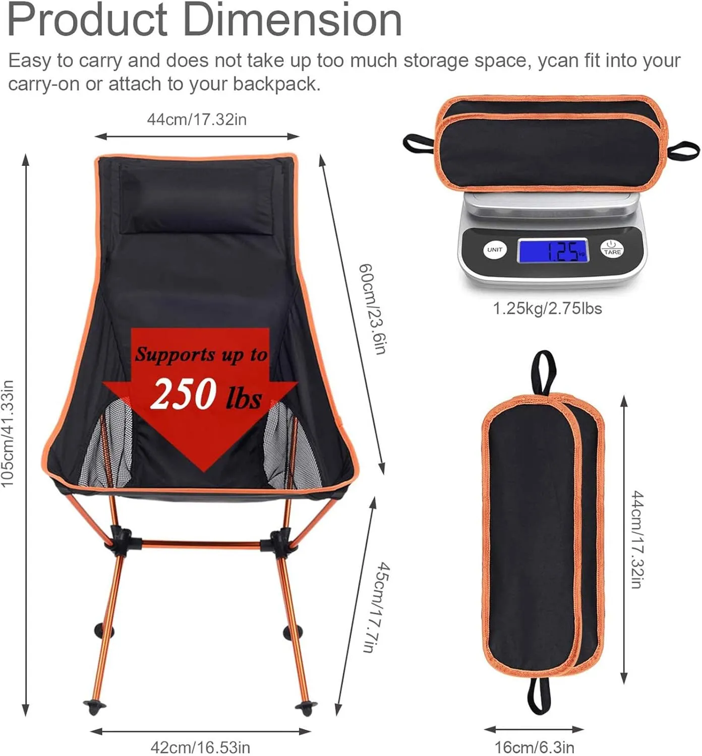 Portable Camping Chair - Compact Ultralight Folding Backpacking Chairs, Small Collapsible Foldable Packable Lightweight Backpack Chair Perfect for The Outdoors, Camping, Hiking, Picnic,Orange