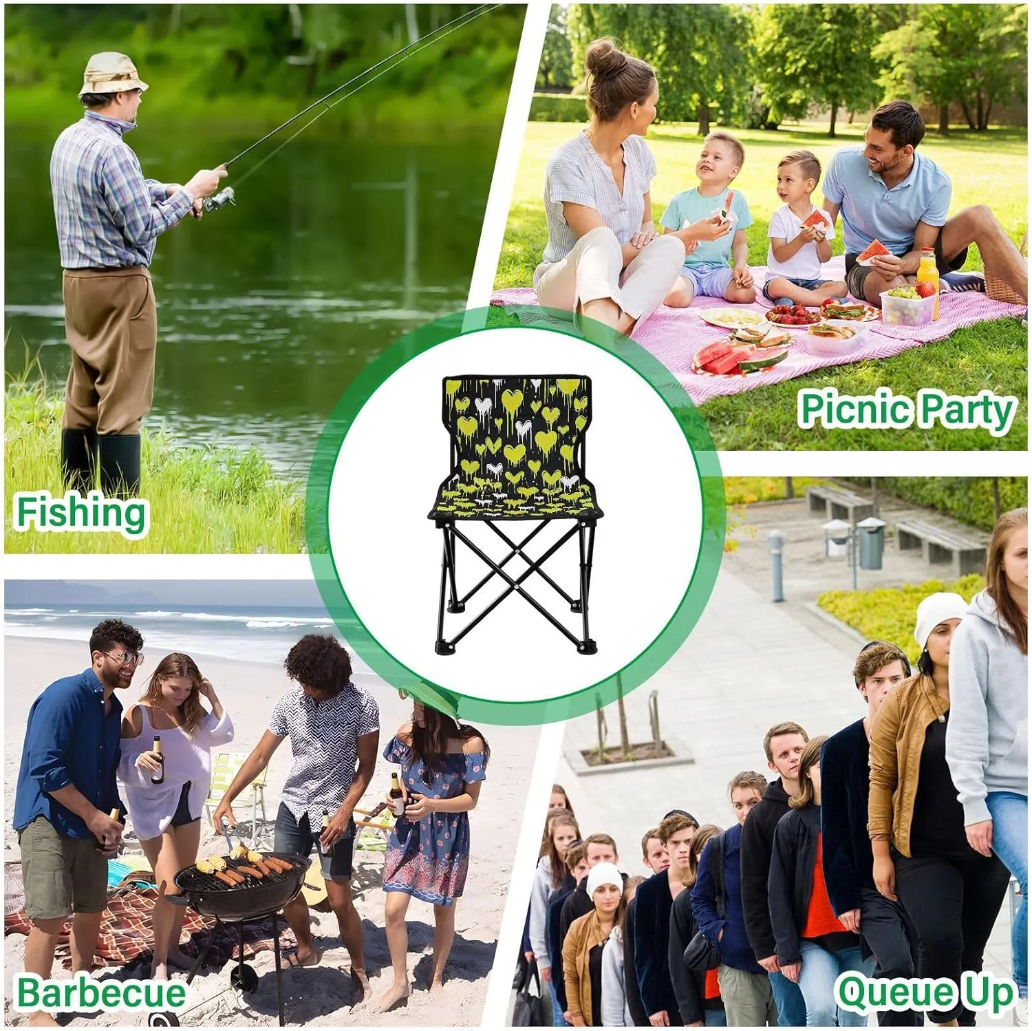 Portable Camping Chairs Black Green Heart Lightweight Folding Chair for Camping, Beach, Picnic, Travel and Sports with Carry Bag 20851116