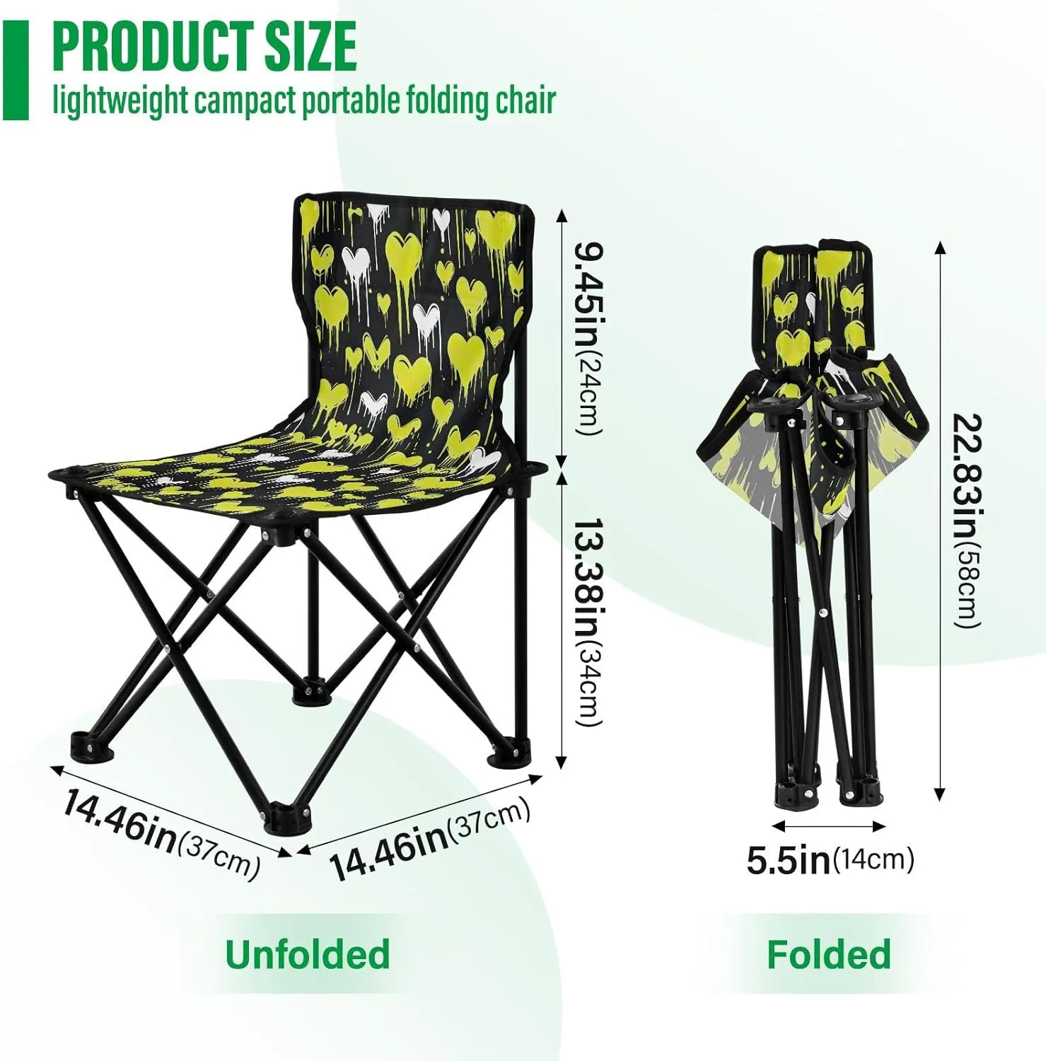 Portable Camping Chairs Black Green Heart Lightweight Folding Chair for Camping, Beach, Picnic, Travel and Sports with Carry Bag 20851116