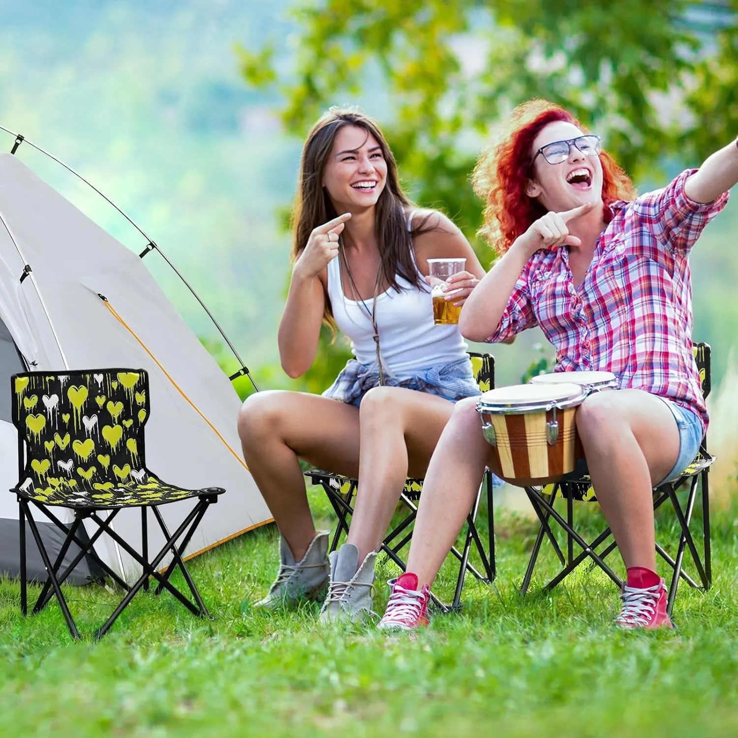Portable Camping Chairs Black Green Heart Lightweight Folding Chair for Camping, Beach, Picnic, Travel and Sports with Carry Bag 20851116