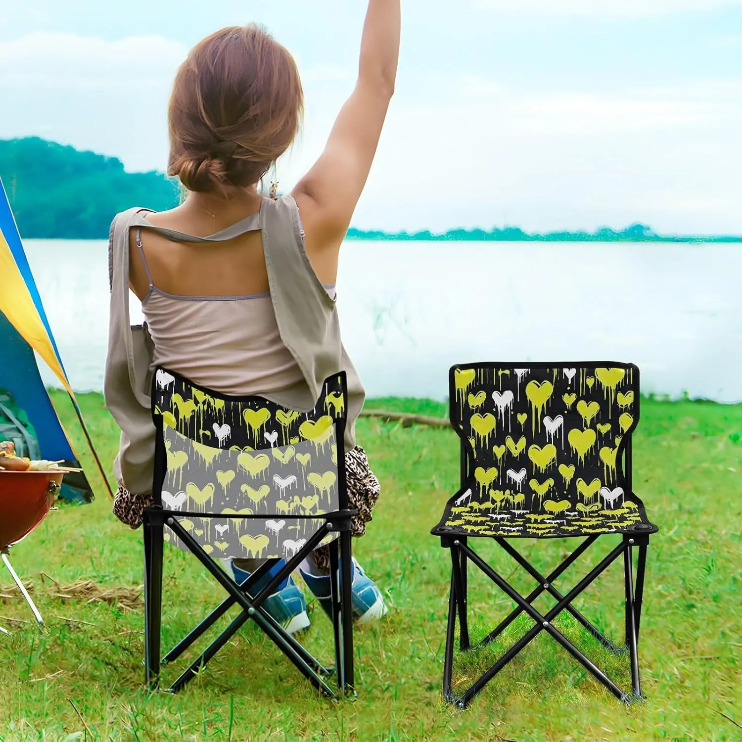 Portable Camping Chairs Black Green Heart Lightweight Folding Chair for Camping, Beach, Picnic, Travel and Sports with Carry Bag 20851116