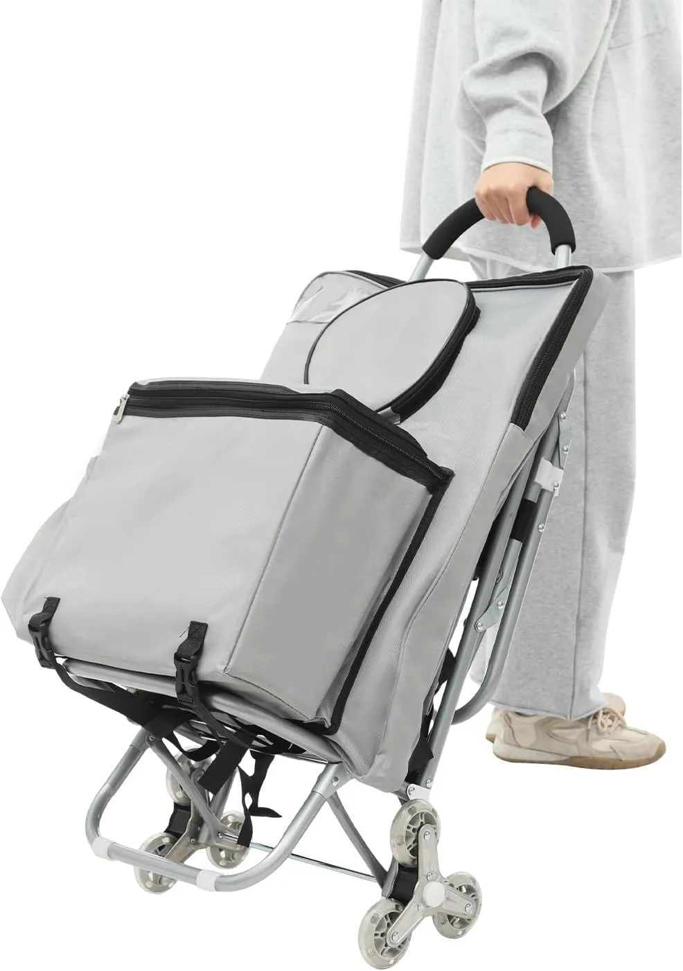 Rolling Art Cart, Folding Big Wheeled Portable Rolling Chair with Storage Bag & Seat, Mobile Folding Cart for Grocery Shopping, Mall Shopping (Silver)