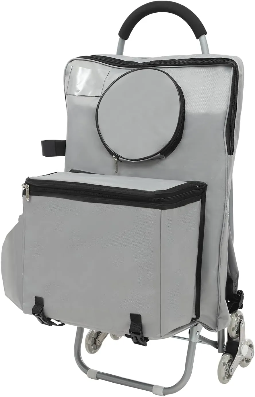 Rolling Art Cart, Folding Big Wheeled Portable Rolling Chair with Storage Bag & Seat, Mobile Folding Cart for Grocery Shopping, Mall Shopping (Silver)